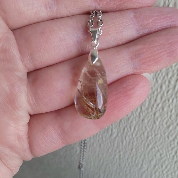 Golden rutilated quartz teardrop pendant on 20" inch silver necklace new - Picture 5 of 8